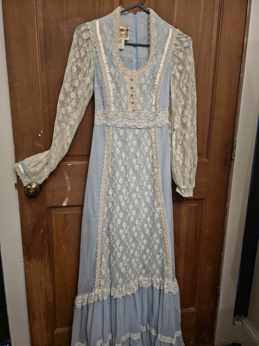 Gunne Sax Powder Blue Maxi Dress with Ivory Lace